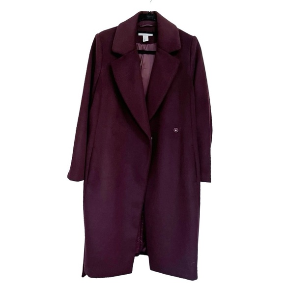 H&M Wool Blend Belted Coat Burgundy Size 4 - Picture 1 of 8